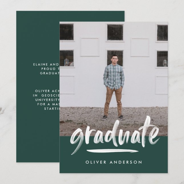Modern green script photo stylish graduation invit invitation (Front/Back)