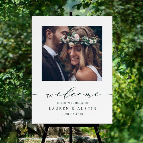 Modern Green Script Photo Wedding Welcome Sign