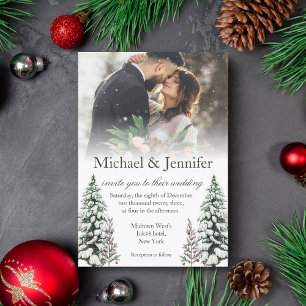 modern green script winter wedding photo invitation