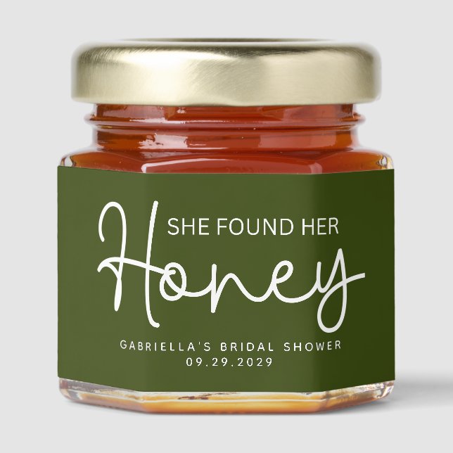 Modern Green She Found Her Honey Script Jar Favors (Front)