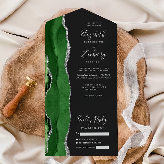 Modern Green Silver Agate Dark Wedding All In One Invitation (Creator Uploaded)