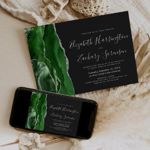 Modern Green Silver Agate Dark Wedding Invitation