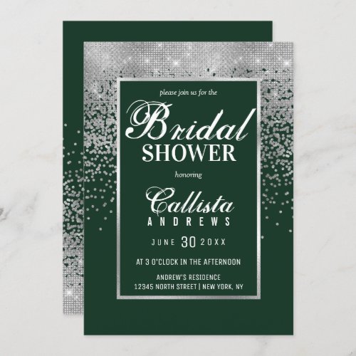 Modern Green Silver Glitter Confetti Bridal Shower Invitation