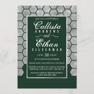Modern Green Silver Glitter Hexagon Geo Wedding Invitation