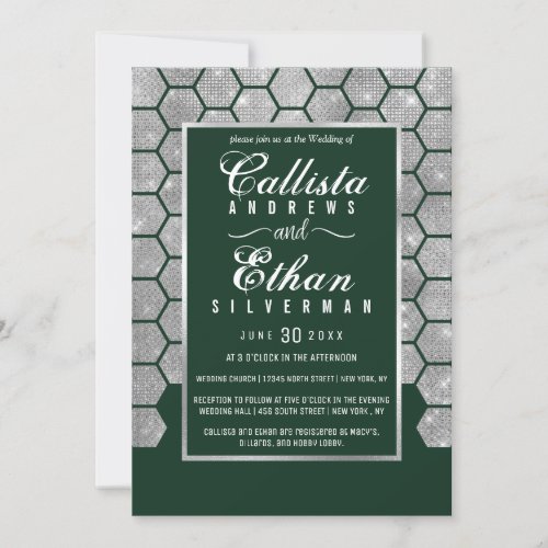 Modern Green Silver Glitter Hexagon Geo Wedding Invitation