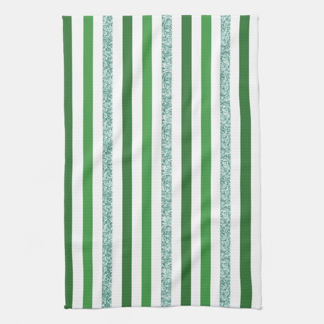 Modern Green & Silver Glitter Stripes Kitchen Towel (Vertical)