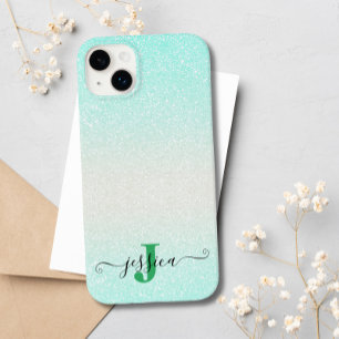 Modern Green Silver Ombre Glitter Monogrammed Case-Mate iPhone 14 Plus Case