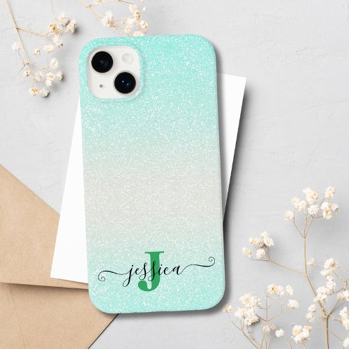 Modern Green Silver Ombre Glitter Monogrammed  Case_Mate iPhone 14 Plus Case
