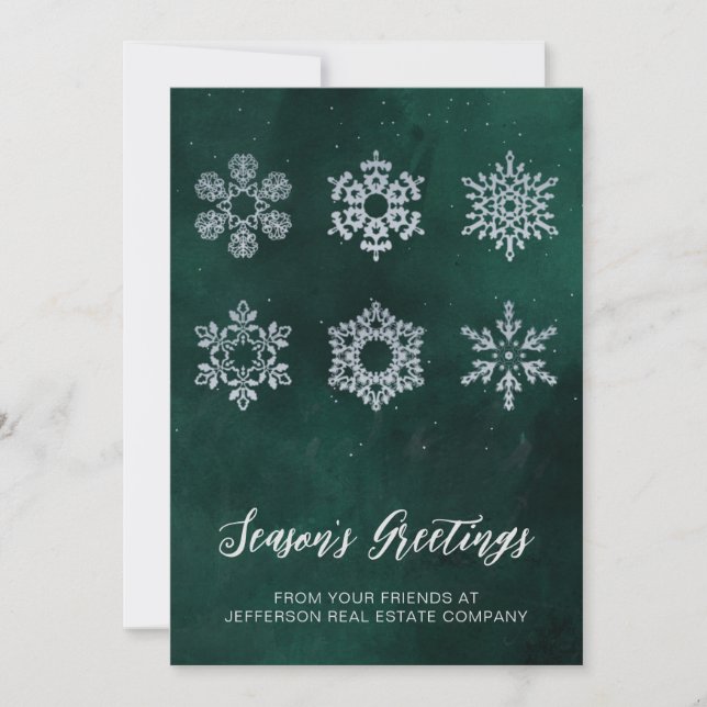 Modern Green Silver Snowflakes Business Holiday Card (Front)