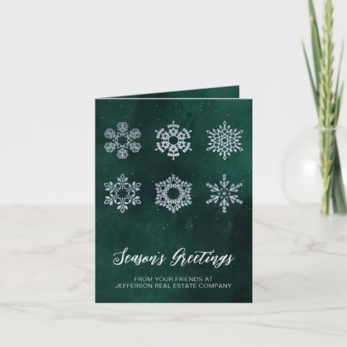 Modern Green Silver Snowflakes Business Holiday Card