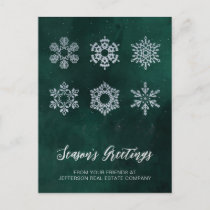 Modern Green Silver Snowflakes Business   Holiday Postcard