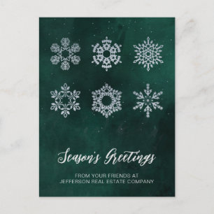 Modern Green Silver Snowflakes Business   Holiday Postcard