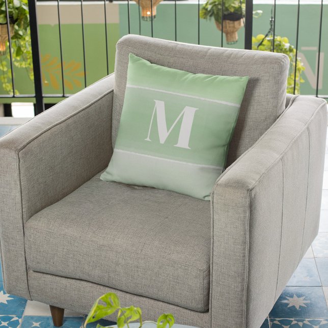 Modern Green Simple Custom Monogram Throw Pillow (Watercolor green monogram throw pillow)