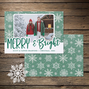 Modern Green Snowflake Merry & Bright Letterpress Photo Cards
