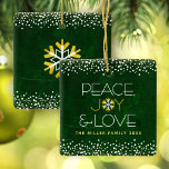 Modern Green Snowflake Peace Joy Love Custom Name Ceramic Ornament<br><div class="desc">“Peace, joy & love.” This ornament, with a fun, playful, snowflake illustration and modern typography on a rich, deep green marble watercolor background helps you usher in the holiday season. White confetti and gold dots frame complete the look. On the back is a giant gold foil and white snowflake. Feel...</div>