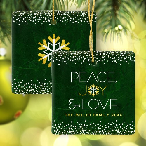 Modern Green Snowflake Peace Joy Love Custom Name Ceramic Ornament
