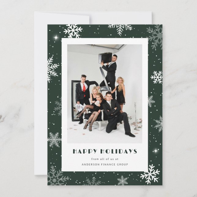 Modern Green Snowflake Photo Corporate Business Holiday Card (Front)
