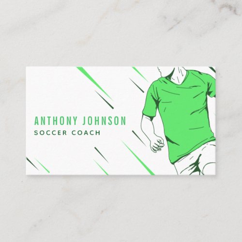 Modern Green Soccer Player Coach in Motion Sports Business Card