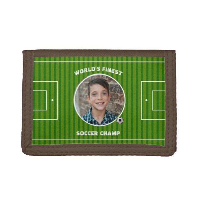 Modern Green Soccer Sports Field Custom Photo Trifold Wallet (Front)