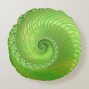 Modern Green Spiral Fractal Round Pillow