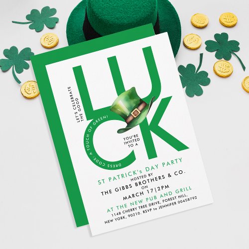 Modern Green St Patrick Day Good Luck Irish Party  Invitation