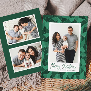 Modern Green Stained Glass Merry Christmas 3 Photo Holiday Card