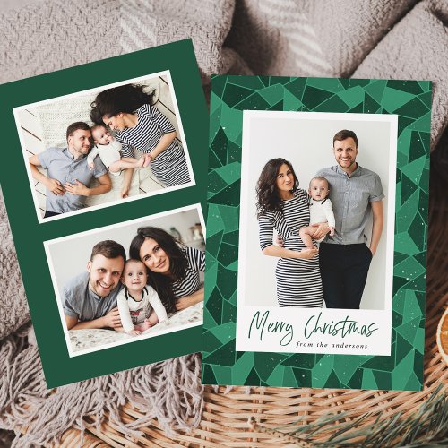 Modern Green Stained Glass Merry Christmas 3 Photo Holiday Card