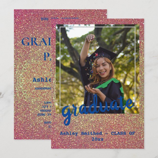 Modern Green Stars Photo Graduation Pink Glitter Invitation (Front/Back)