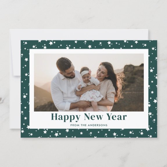 Modern Green Stars Photo Happy New Year Card