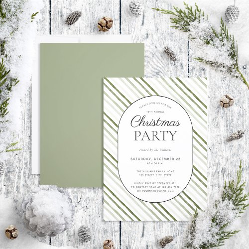 Modern Green Stripe Script Christmas Party Invitation