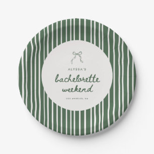 Modern Green Striped Coquette Bachelorette Weekend Paper Plates
