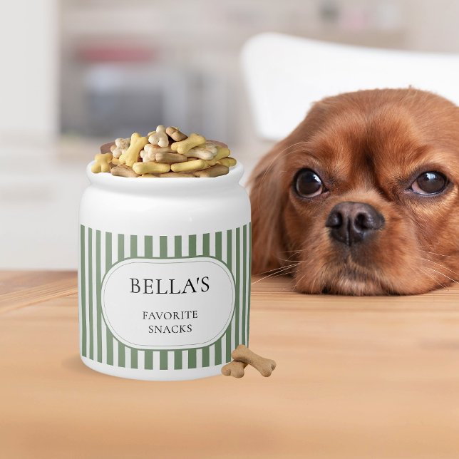 Modern Green Striped Personalized Dog Cookie Treat Candy Jar (Modern Green Striped Personalized Dog Cookie Treat Candy Jar)