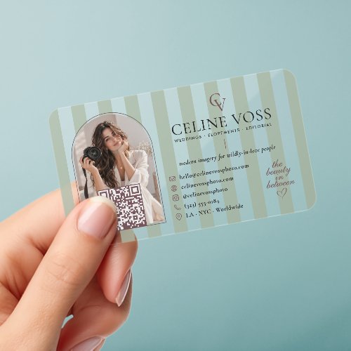 Modern Green Striped Wedding Photographer Template Clear Business Cards