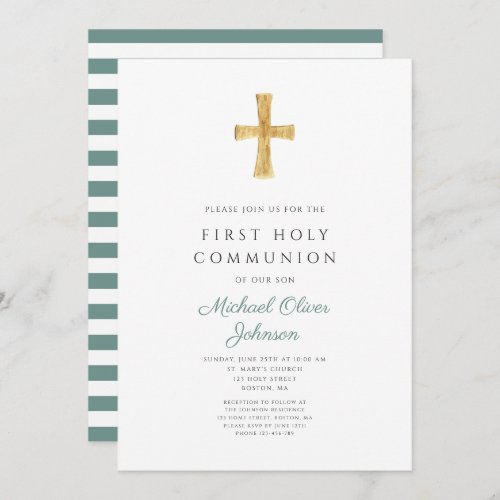 Modern Green Stripes Cross Girl First Communion Invitation