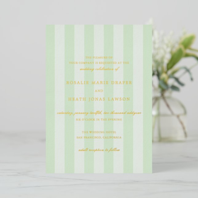 Modern Green Stripes Elegant Wedding Foil Invitation (Standing Front)