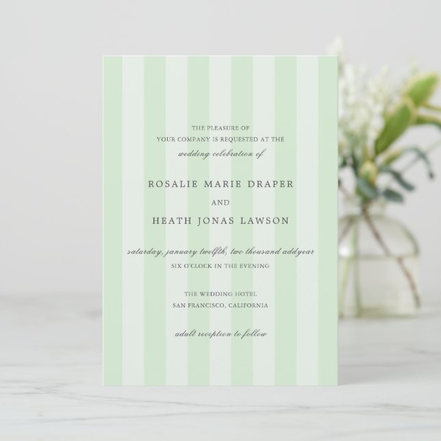 Modern Green Stripes Elegant Wedding Invitation (Standing Front)
