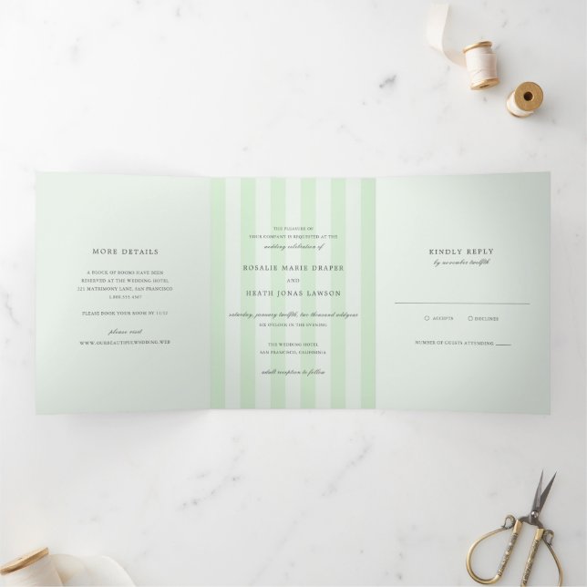 Modern Green Stripes Elegant Wedding Tri-Fold Invitation (Inside)
