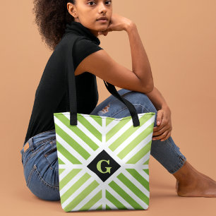 Modern Green Stripes Initial Tote Bag