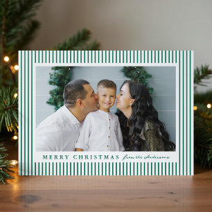 Modern Green Stripes Merry Christmas Letterpress Photo Cards