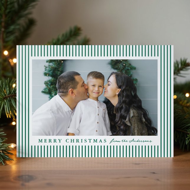 Modern Green Stripes Merry Christmas Letterpress Photo Cards (Creator Uploaded)