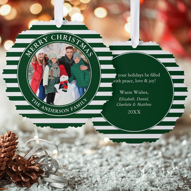 Modern Green Stripes Merry Christmas Photo Ornament Card (A greeting card that is also an ornament! Customize with your photo and personalized text.)