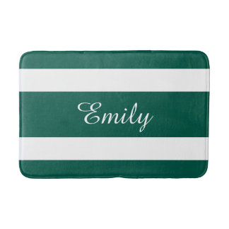 Modern Green Stripes Pattern Name Bath Mat