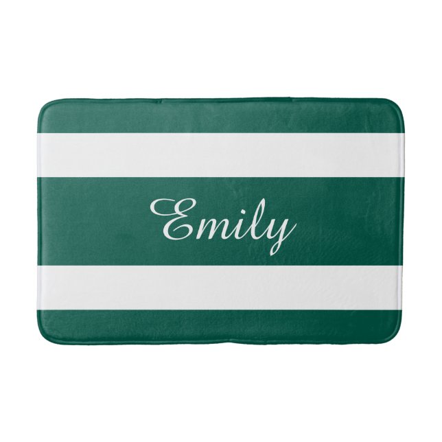 Modern Green Stripes Pattern Name Bath Mat (Front)
