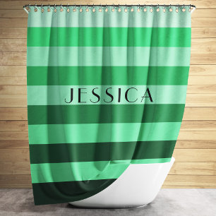 Modern Green Stripes Pattern Name Shower Curtain