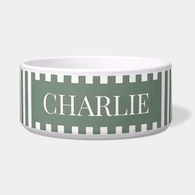 Modern Green Stripes Pattern Personalized Dog Pet Bowl (Front)