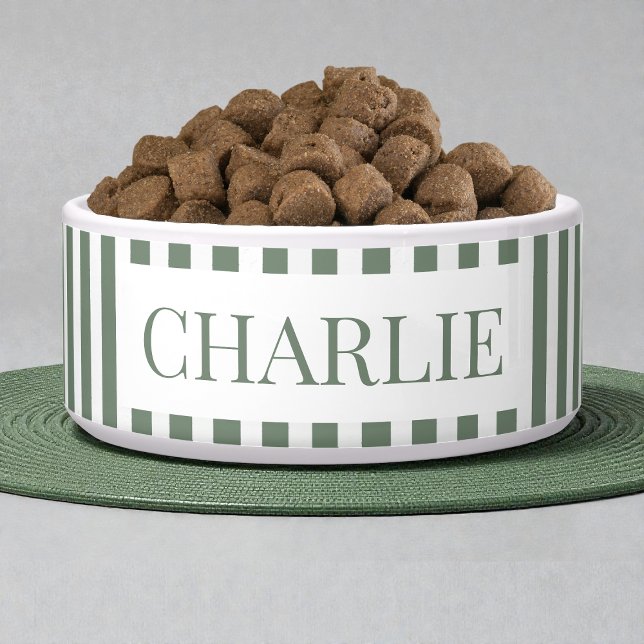 Modern Green Stripes Pattern Personalized Dog Pet Bowl (Modern Green Stripes Pattern Personalized Dog Pet Bowl)