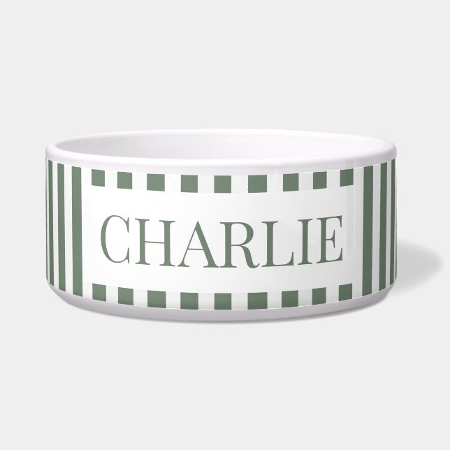 Modern Green Stripes Pattern Personalized Dog Pet Bowl (Front)