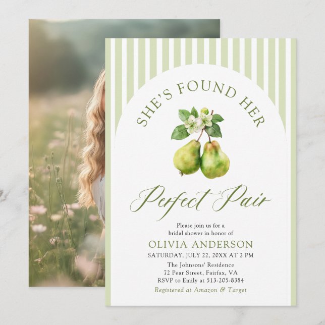 Modern Green Stripes Perfect Pair Bridal Shower Invitation (Front/Back)