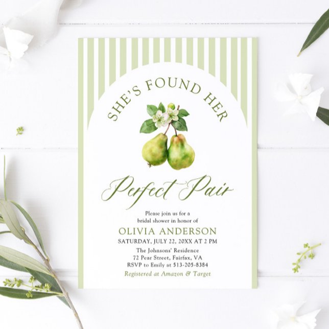 Modern Green Stripes Perfect Pair Bridal Shower Invitation (Modern Green Gingham Perfect Pear Bridal Shower Invitation)