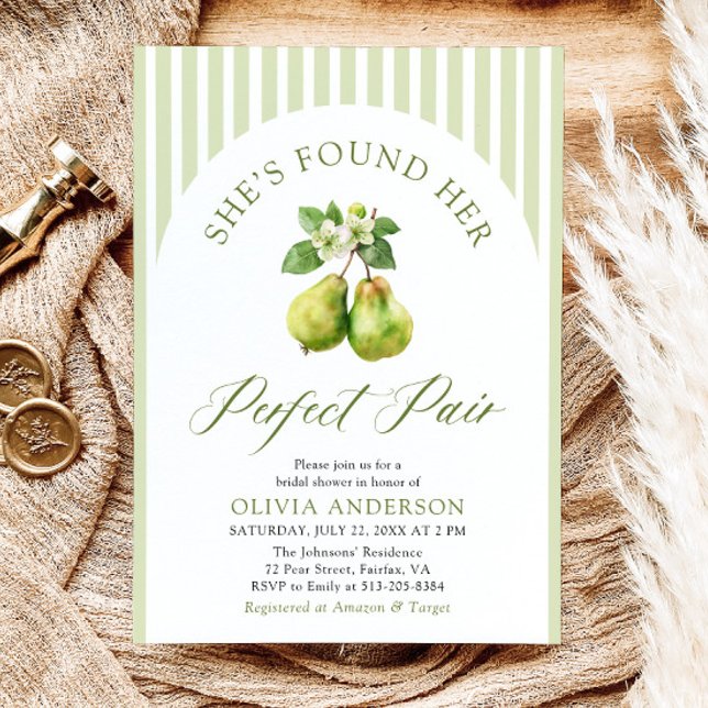 Modern Green Stripes Perfect Pair Bridal Shower Invitation (Modern Green Gingham Perfect Pear Bridal Shower Invitation)